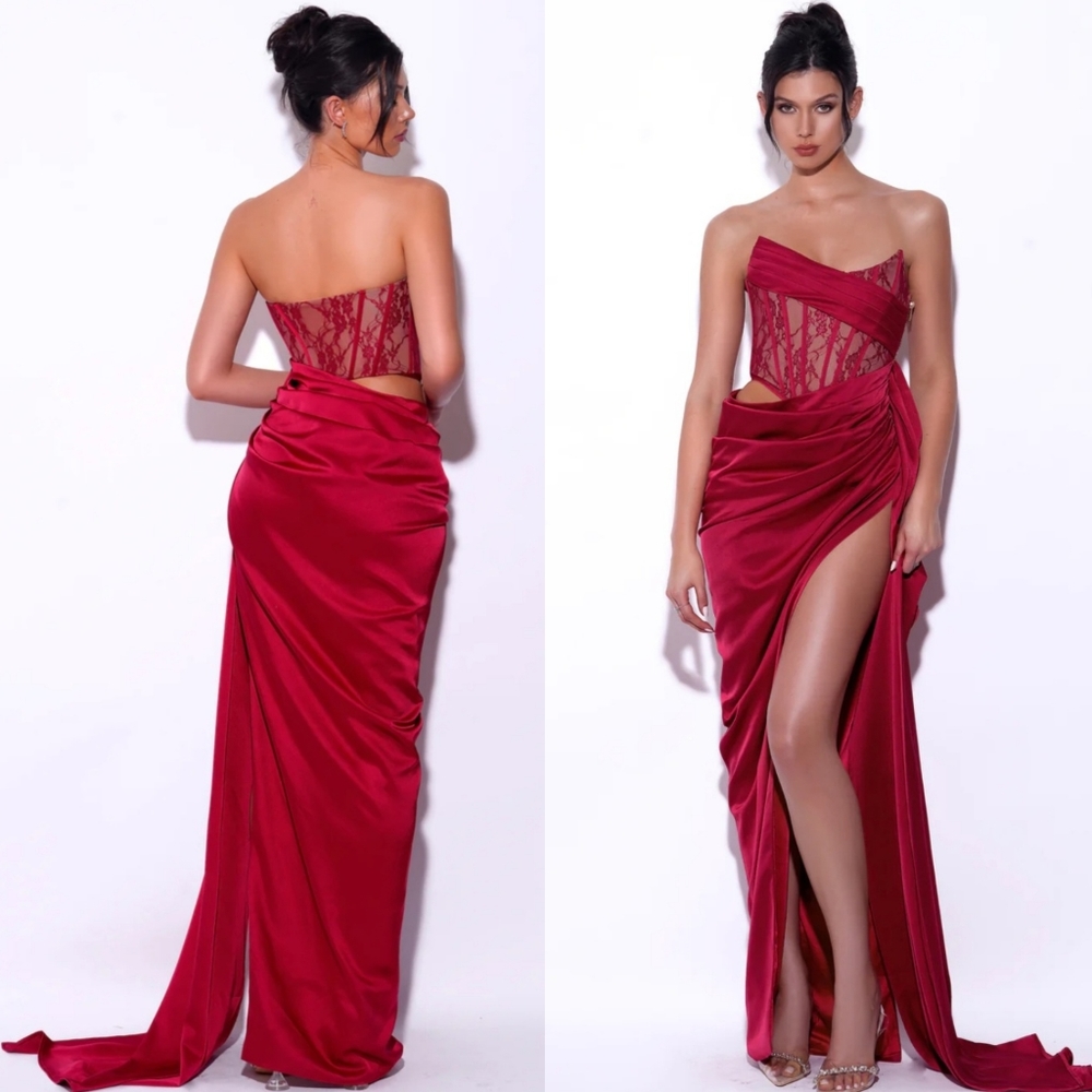 Callie Red Lace Satin Corset High Slit Gown
